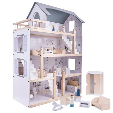 Domek dla lalek drewniany mebelki 80cm biały szary