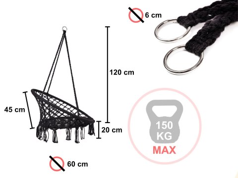 Huśtawka fotel bocianie gniazdo z oparciem czarna 80cm + poduszki 150kg Huśtawka fotel bocianie gniazdo z oparciem czarna 80cm + poduszki 150kg