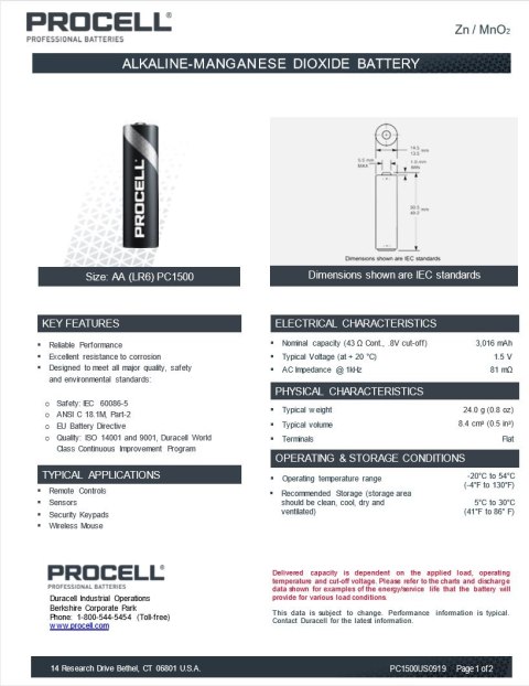 Bateria alkaiczna Duracell Procell LR6 AA 1szt Bateria alkaiczna Duracell Procell LR6 AA 1szt