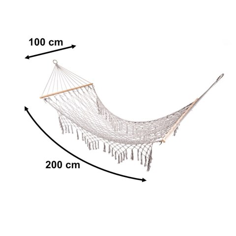Hamak ogrodowy boho siatka frędzle leżak wiszący makrama 200cm szary Hamak ogrodowy boho siatka frędzle leżak wiszący makrama 200cm szary