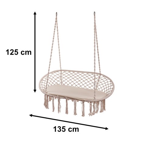 Huśtawka bocianie gniazdo podwójne dwuosobowe z frędzlami beż + poduszka 240kg Huśtawka bocianie gniazdo podwójne dwuosobowe z frędzlami beż + poduszka 240kg