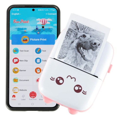 Drukotek drukarka mini termiczna do zdjęć notatek etykiet + kabel USB kotek kot różowy